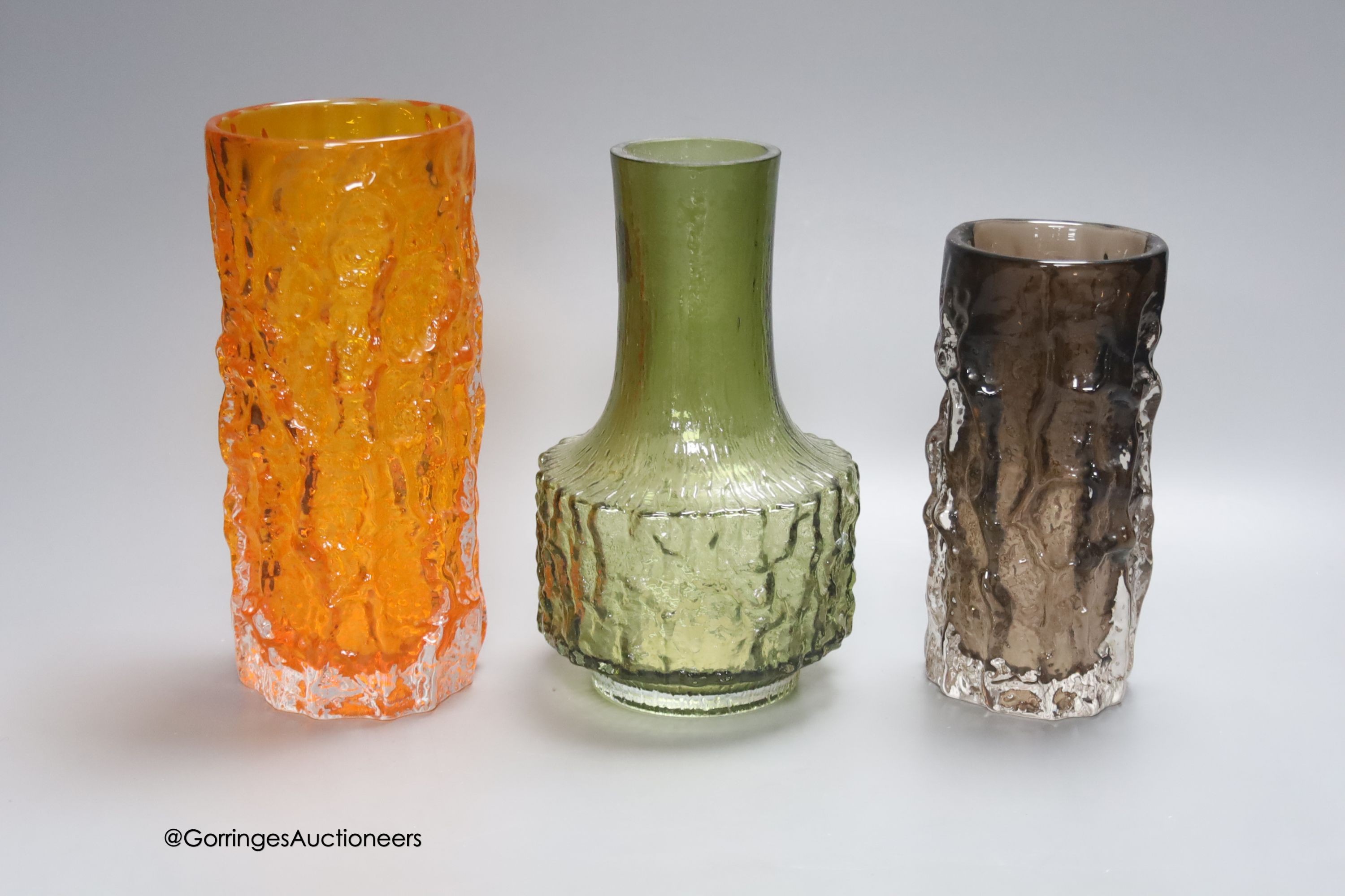 Geoffrey Baxter for Whitefriars, three textured glass 'bark' vases, H 19cm (tallest)